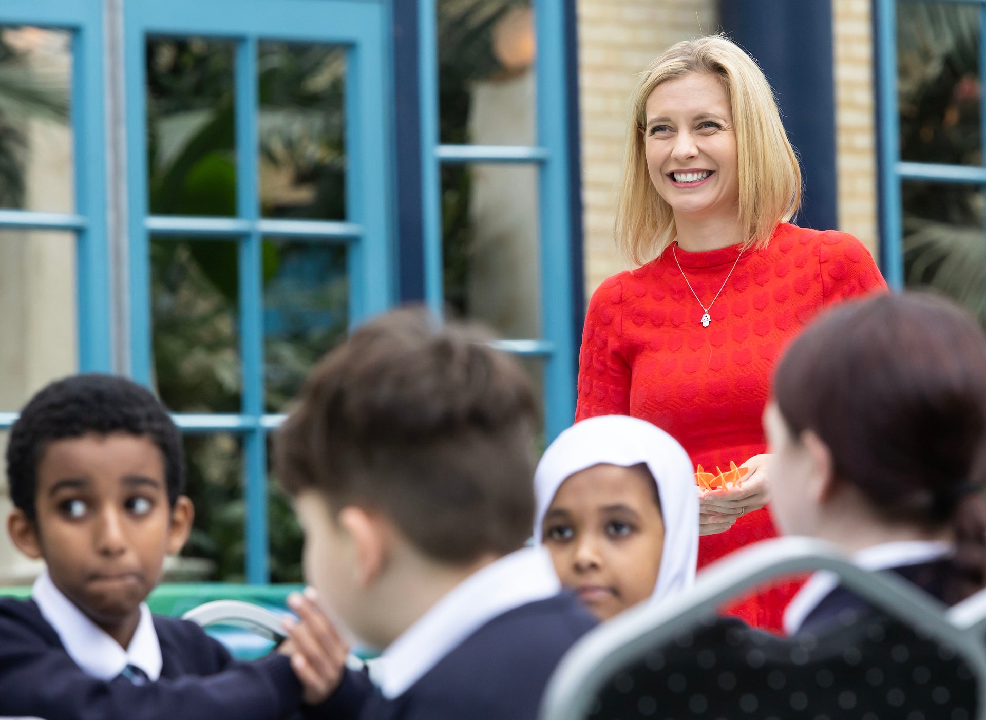 Rachel Riley visits Alexandra Palace to help at PDC's Bullseye Maths s ...