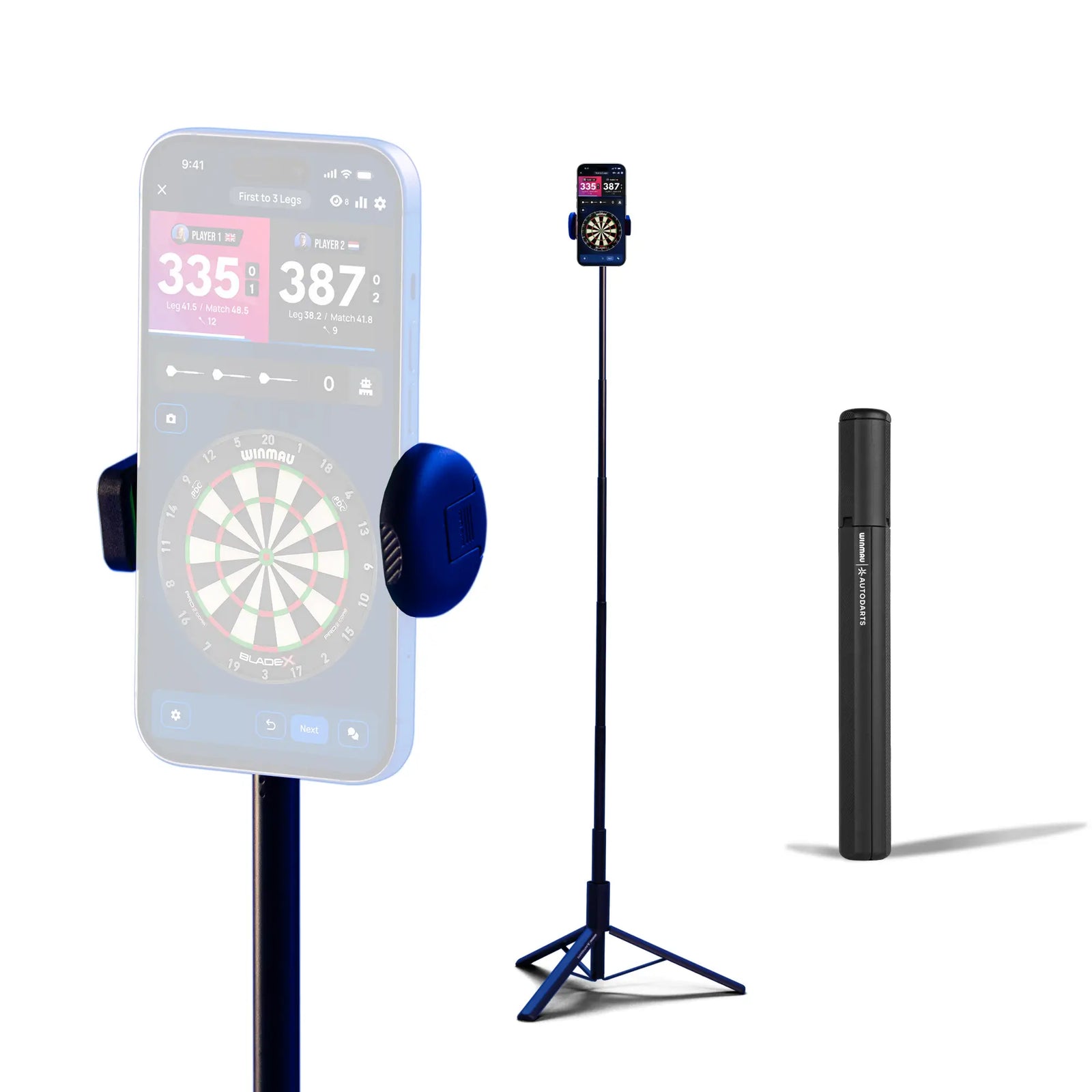 A dartboard tracking and scoring system shown on a clean white background, including a smartphone app screen displaying dart scores, a black tripod stand with a mounted phone.