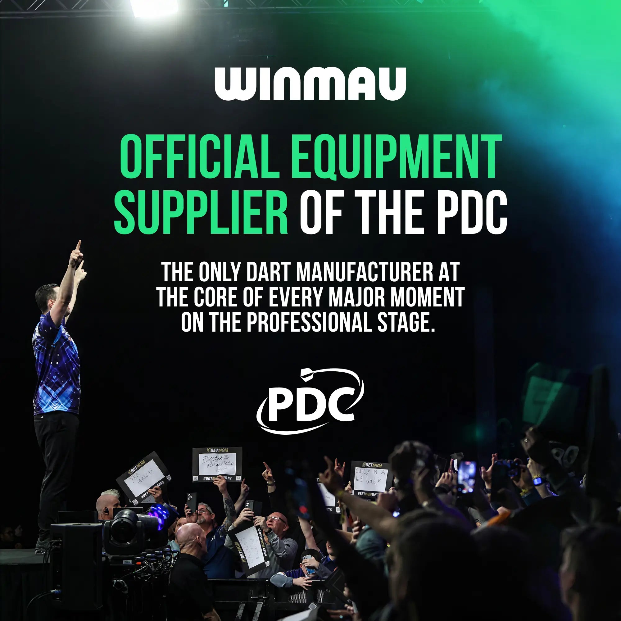 Promotional graphic for Winmau, showing a live stage scene with a crowd and a player standing on a podium. Large text reads 'WINMAU OFFICIAL EQUIPMENT SUPPLIER OF THE PDC' with the PDC logo below.