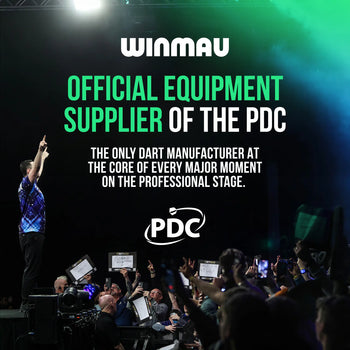 Promotional graphic for Winmau, showing a live stage scene with a crowd and a player standing on a podium. Large text reads 'WINMAU OFFICIAL EQUIPMENT SUPPLIER OF THE PDC' with the PDC logo below.