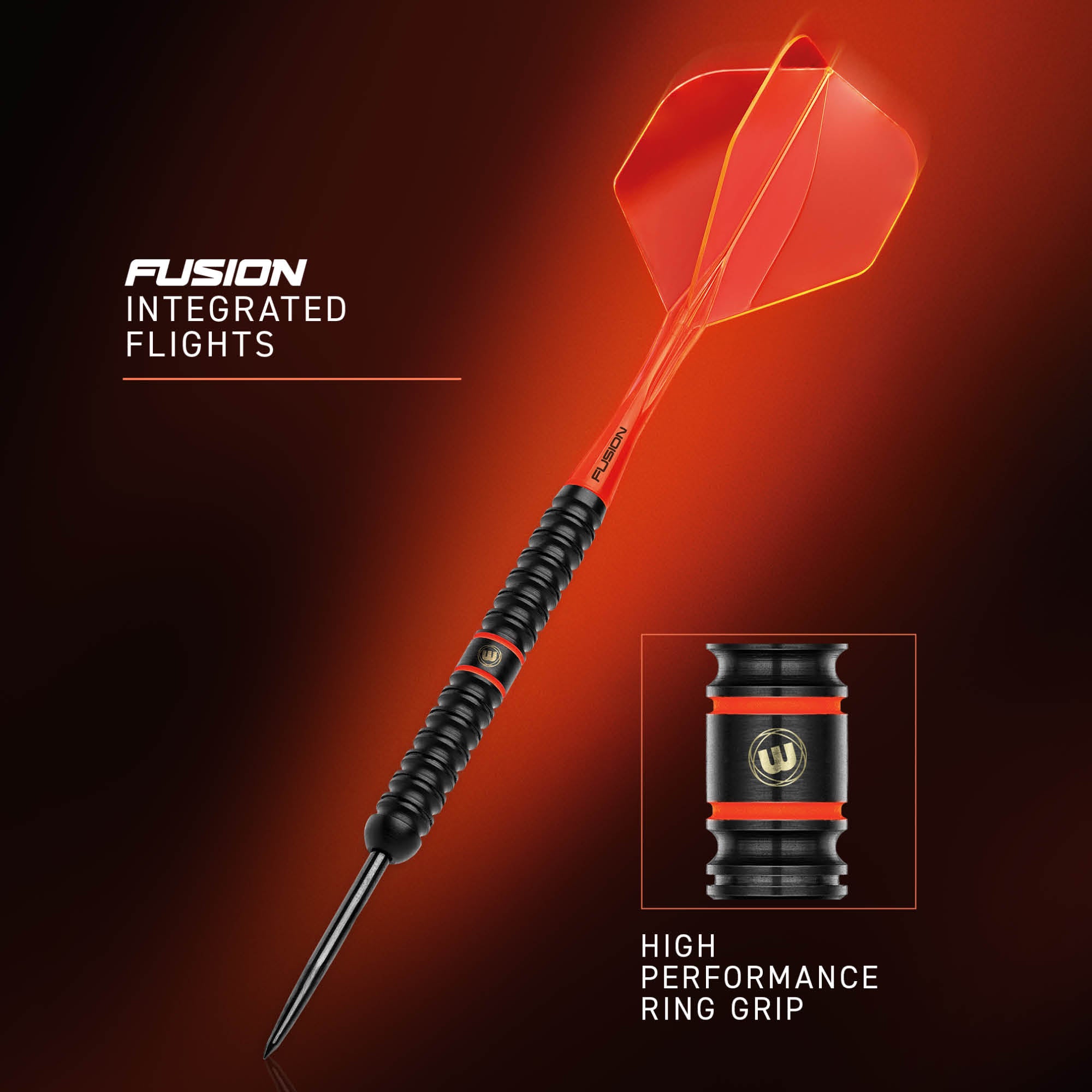 Winmau Emma Paton dart with a black ribbed ring grip and red flights, shown on a dark red and black background with promotional text reading 'FUSION INTEGRATED FLIGHTS' and 'HIGH PERFORMANCE RING GRIP.'.