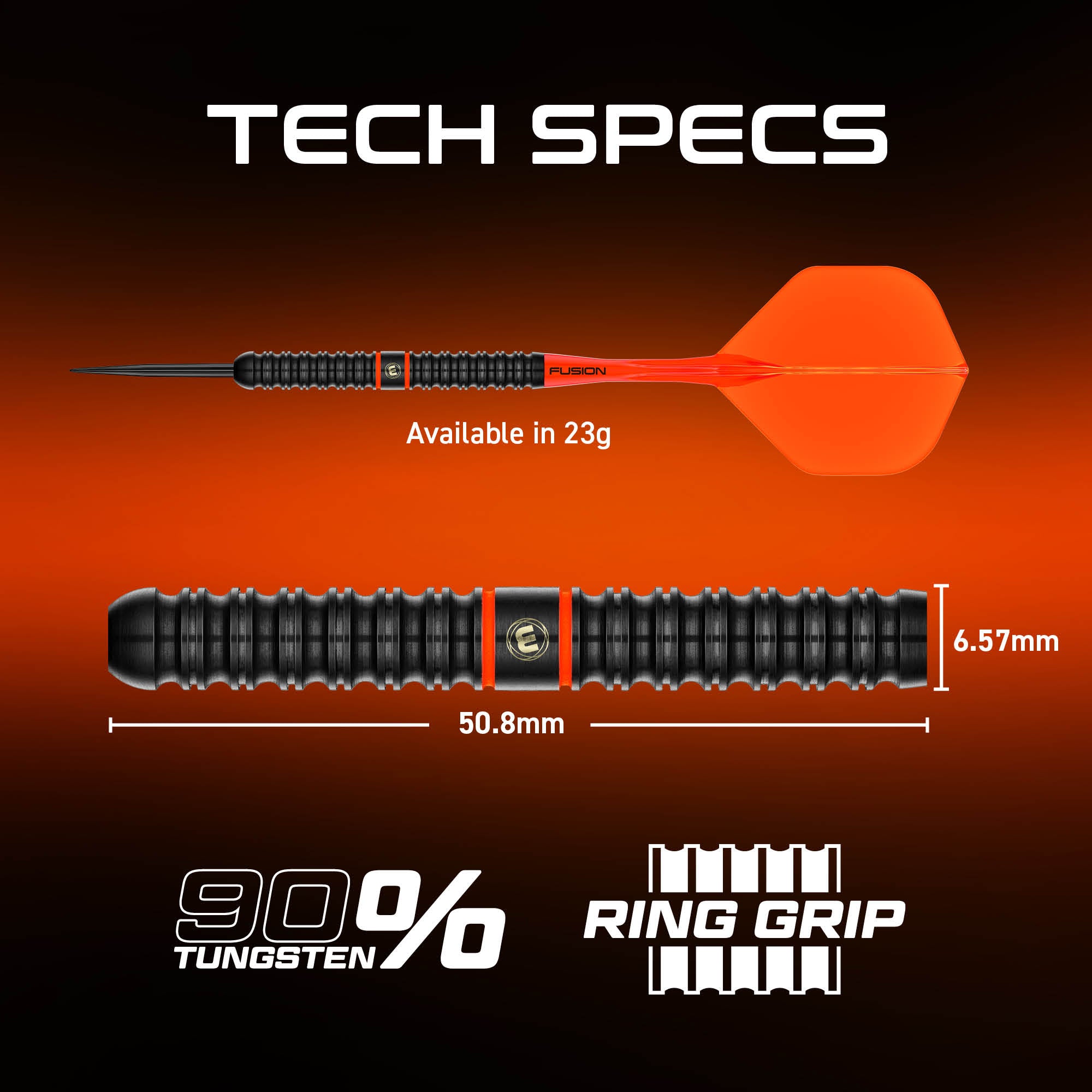 Technical specification graphic for a dart shaft and flights, showing a black ribbed dart shaft with an orange flight and text reading 'TECH SPECS', 'Available in 23g', dimensions, '90% TUNGSTEN', and 'RING GRIP'.