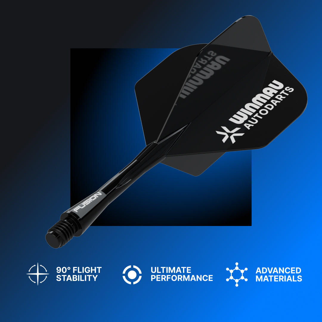Black Winmau Autodarts dart flights with a black barrel, shown on a blue gradient background with feature icons "90degree flight stability", "ultimate performance", and "advanced materials" at the bottom.
