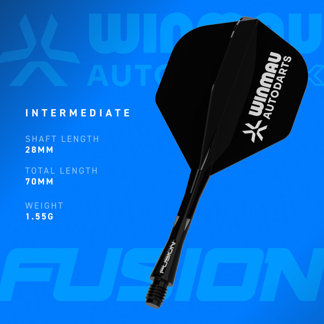 A single black Winmau Fusion intermediate dart flight with a black shaft, shown against a bright blue background with product specifications "shaft length 28mm, total length 70mm, weight 1.55g" printed on the left.