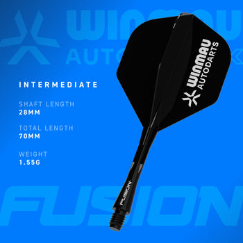 A single black Winmau Fusion intermediate dart flight with a black shaft, shown against a bright blue background with product specifications "shaft length 28mm, total length 70mm, weight 1.55g" printed on the left.