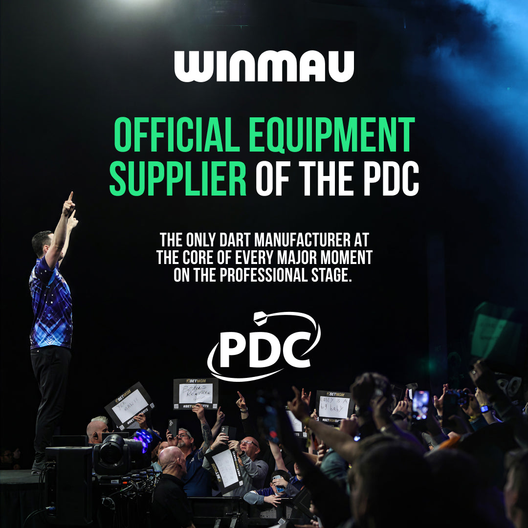Promotional graphic for Winmau, showing a dart player on stage with a crowd in the foreground and large text reading 'WINMAU OFFICIAL EQUIPMENT SUPPLIER OF THE PDC' and 'PDC' logo on a dark stage background.