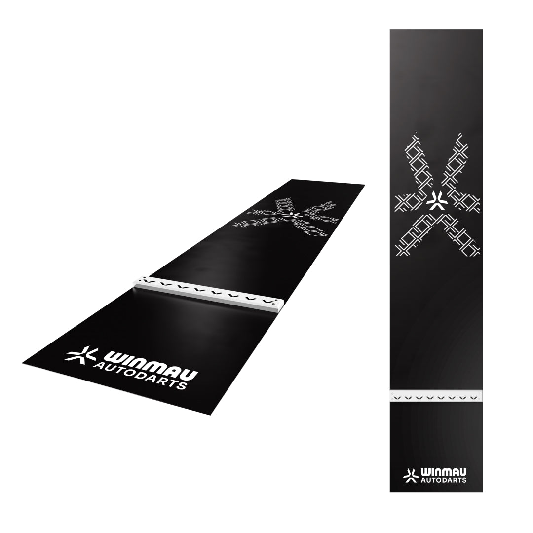Autodarts branded black PVC darts mat, with integrated white oche