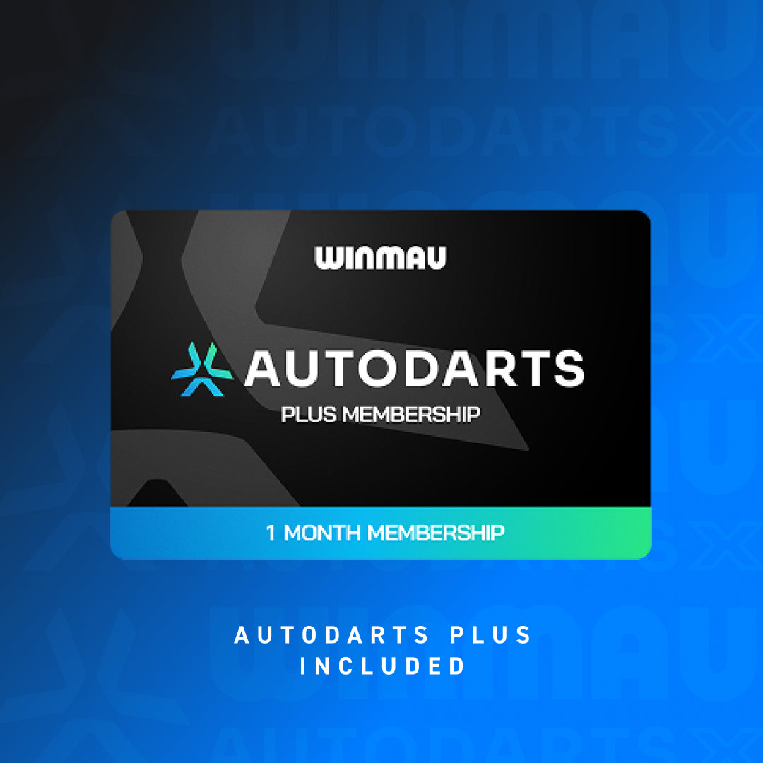 A digital graphic showing a black and blue card for Winmau Autodarts Plus Membership, 1 month duration, with white text and a teal logo, set against a blue patterned background with 'AUTODARTS PLUS INCLUDED' text below.