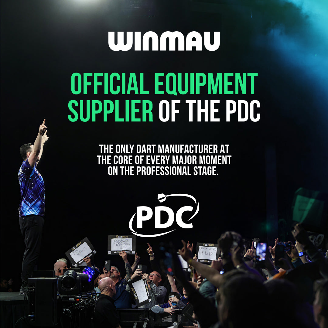 Promotional graphic for Winmau, showing a live stage scene with a dart player raising their arm on stage, an audience holding up phones, and large text reading 'WINMAU OFFICIAL EQUIPMENT SUPPLIER OF THE PDC' with the PDC logo.