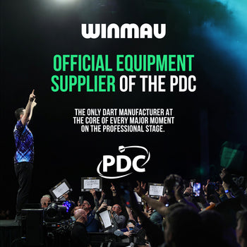 Promotional graphic for Winmau, showing a live stage scene with a dart player raising their arm on stage, an audience holding up phones, and large text reading 'WINMAU OFFICIAL EQUIPMENT SUPPLIER OF THE PDC' with the PDC logo.