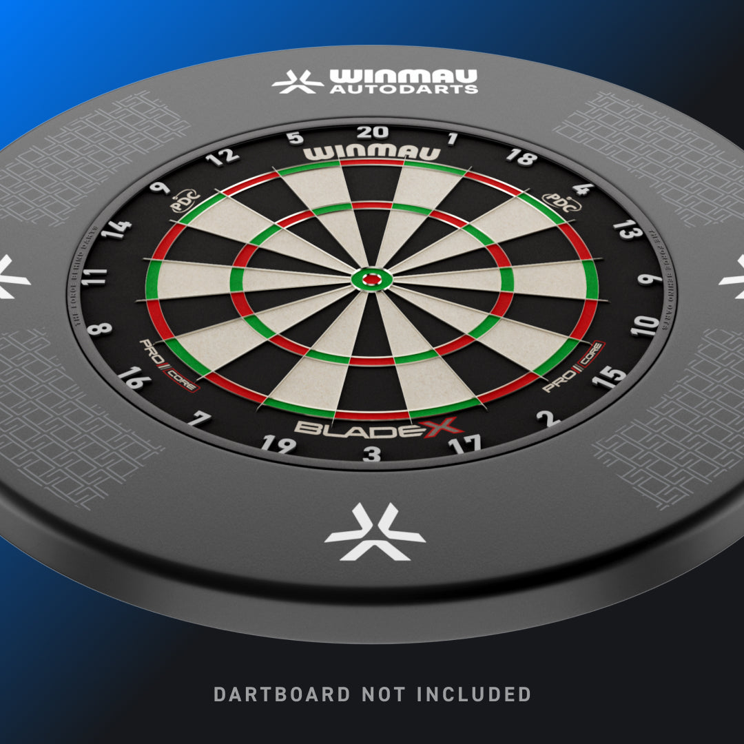 Autodarts Surround shown with a Blade X Dartboard. Pictured at an angle against a blue gradient background. The text 'DARTBOARD NOT INCLUDED' is visible at the bottom.