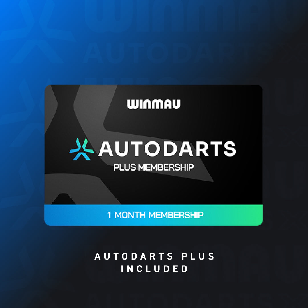 A promotional graphic for a Winmau Autodarts Plus Membership card, showing a black card with white and blue branding on a blue gradient background, with text reading '1 MONTH MEMBERSHIP AUTODARTS PLUS INCLUDED'.