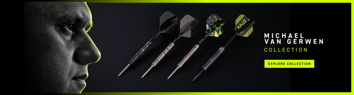A promotional banner for the Michael Van Gerwen Collection, featuring four darts with black, green, and yellow flights against a dark background, alongside a dramatic side profile of a man and the text 'MICHAEL VAN GERWEN COLLECTION' with a yellow 'EXPLORE COLLECTION' button.