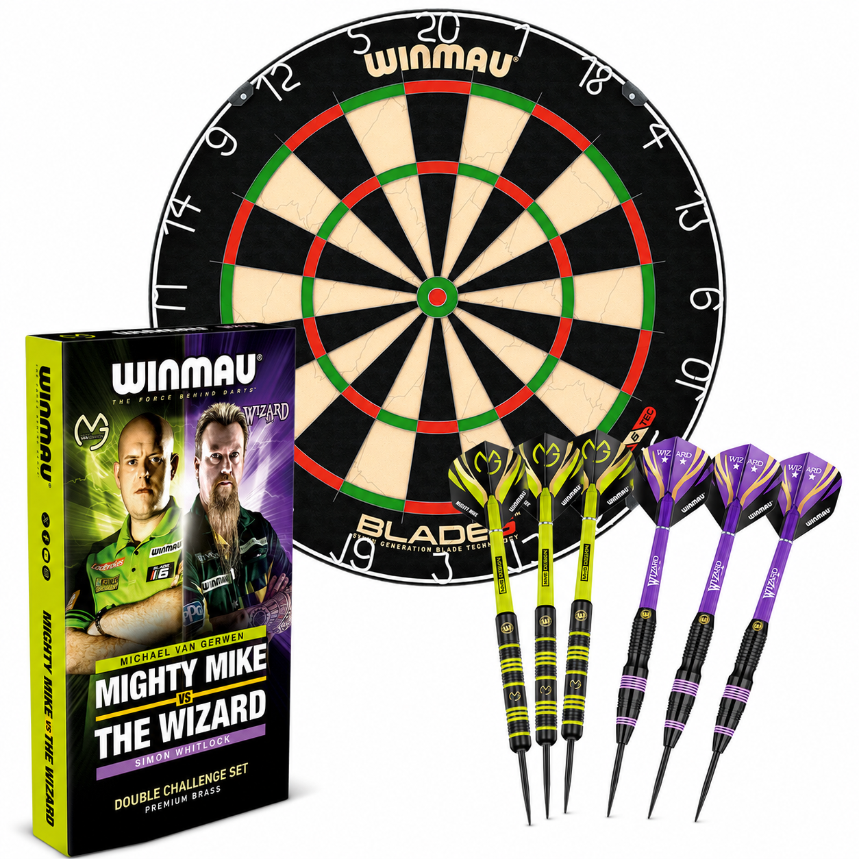Winmau Blade 6 Dartbord & MvG vs The Wizard Brass Darts Bundel