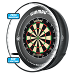Winmau Blade 6 dartboard with Winmau black surround and Plasma light, shown on a white background with feature callout labels.