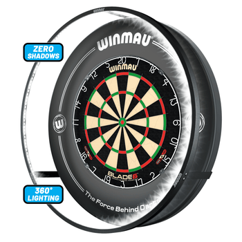 Winmau Blade 6 dartboard with Winmau black surround and Plasma light, shown on a white background with feature callout labels.