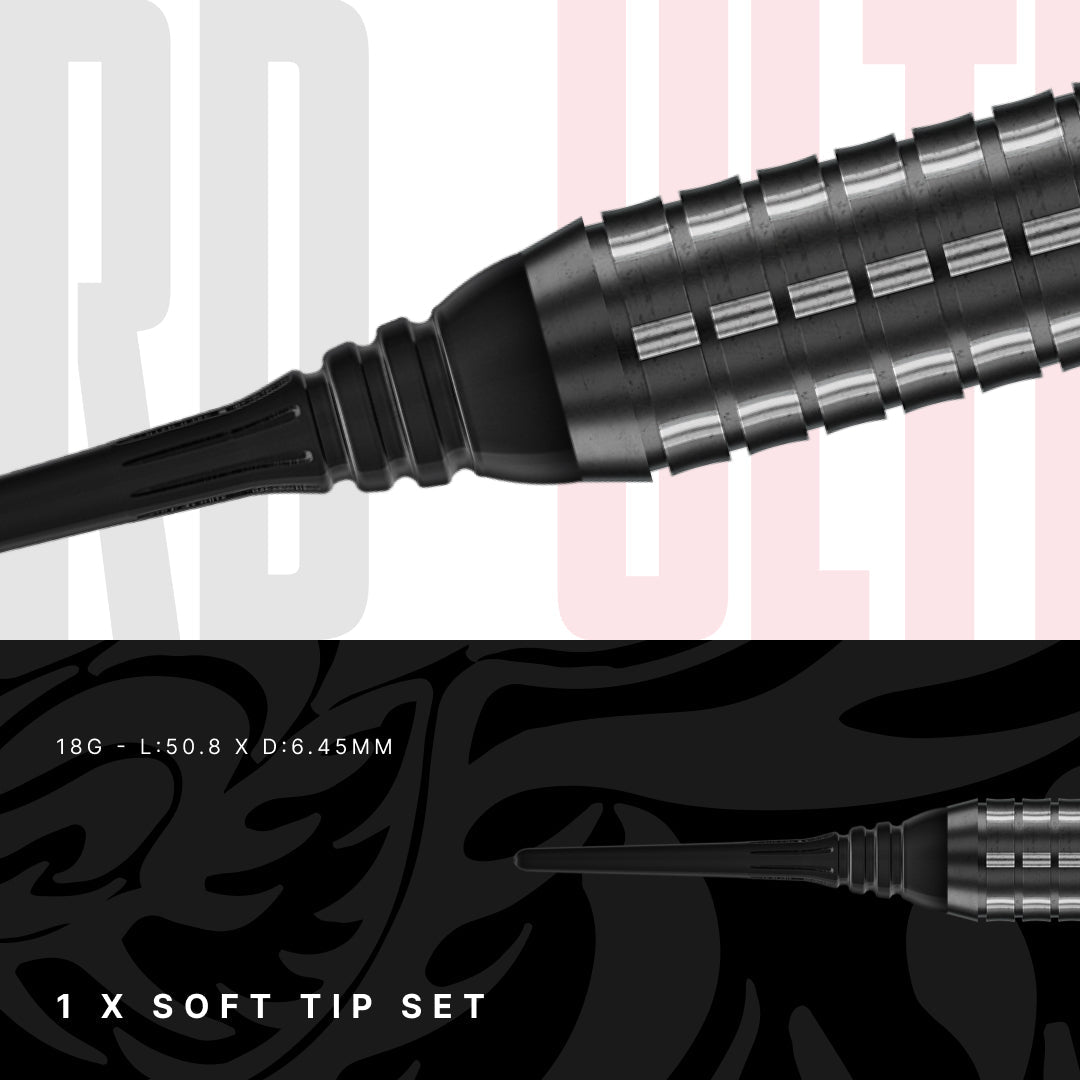 Close-up of a black soft-tip dart shaft and barrel with ribbed texture, shown above a black graphic panel with product text reading '1 X SOFT TIP SET' and dimensions '18G - L:50.8 X D:6.