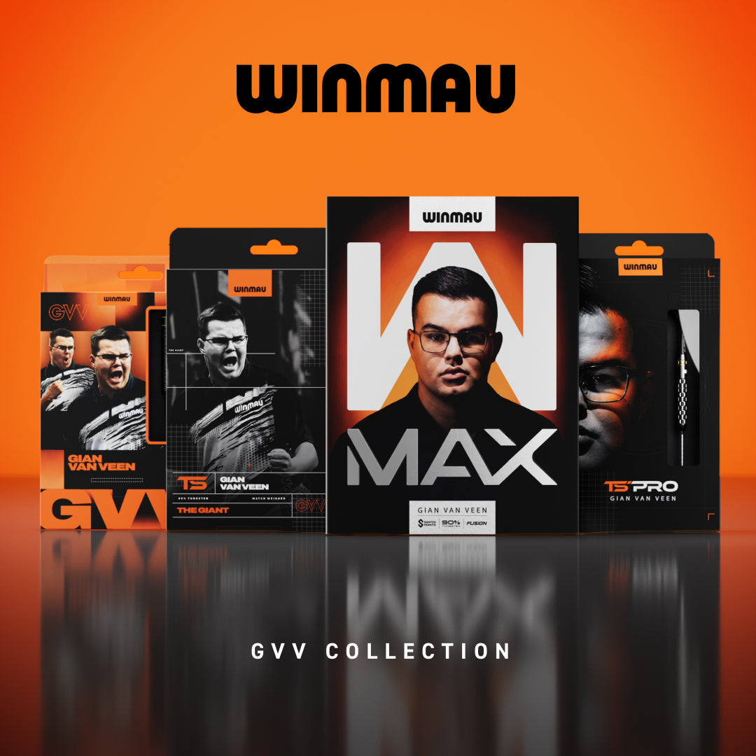 Gian van Veen Darts collection. Darts in their boxes laid out on an orange background with Winmau logo. 