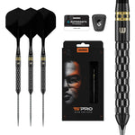 Gian Van Veen Ts Pro darts from Winmau. 3 darts shown with Autodarts 1 month free membership card, switch points tool, packaging and close up of dart barrle showing grip. 
