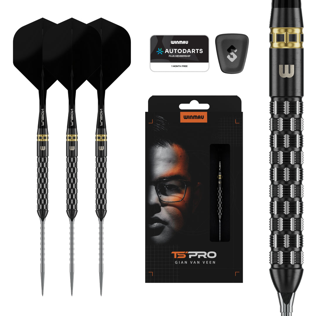 Gian Van Veen Ts Pro darts from Winmau. 3 darts shown with Autodarts 1 month free membership card, switch points tool, packaging and close up of dart barrle showing grip. 