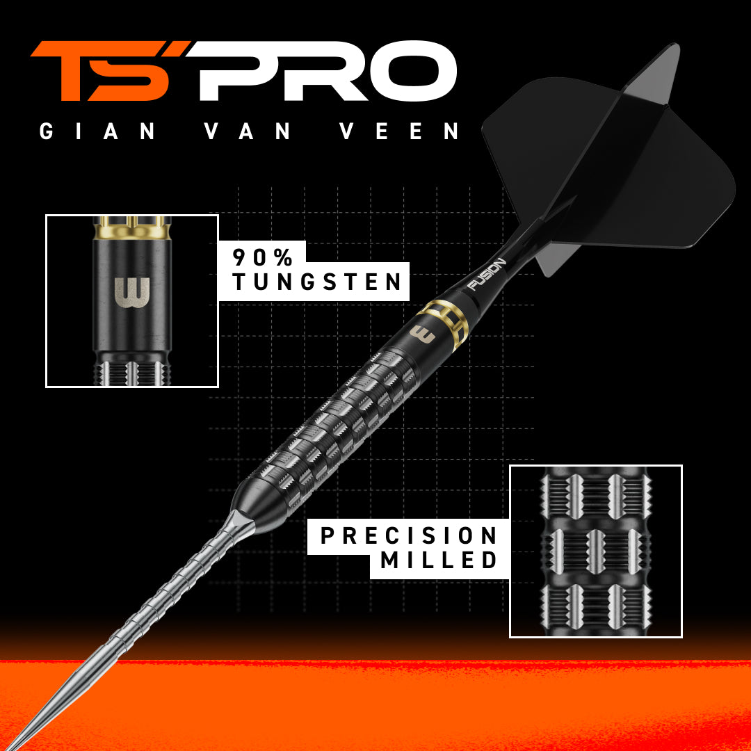 Gian Van Veen Ts Pro darts from Winmau. Graphic showing "90% Tungsten" and "Prrecision Milled" and close up of the dart's grip.