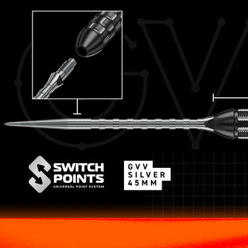 Gian Van Veen Ts Pro darts from Winmau. Close up of the point, with "GVV Silver 45mm" text and switch point diagram.